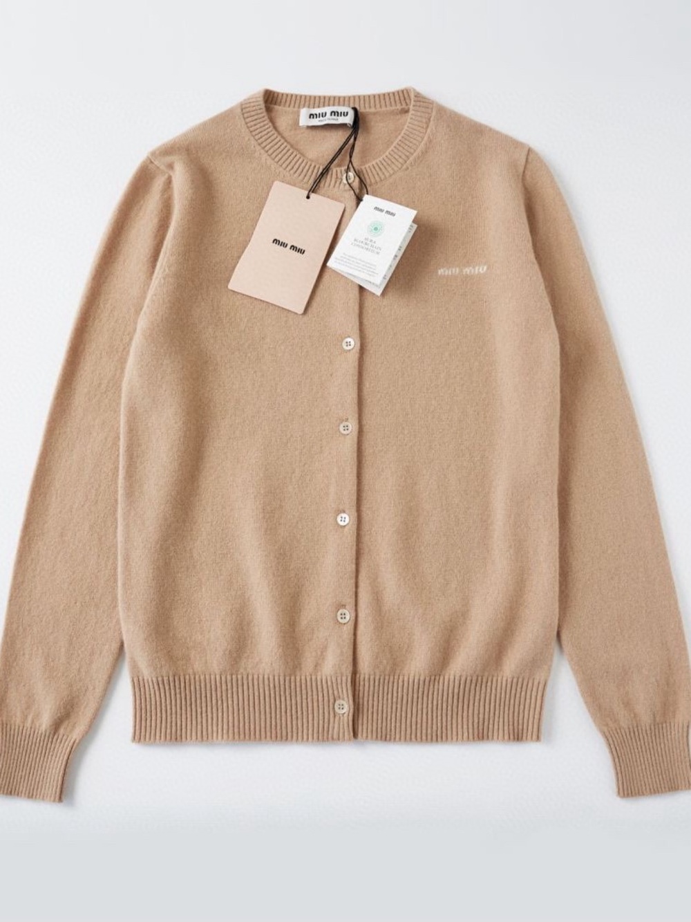 Miu Miu Beige Cashmere Crewneck Cardigan